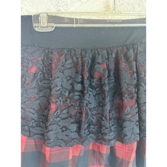 Plaid Red Black Lace Layered Miniskirt Grunge Goth Punk Elastic Waist Size XL - Picture 6 of 10